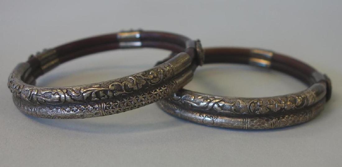 Chinese Bamboo & Silver Bangle Bracelets, Pair (1 of 2)
