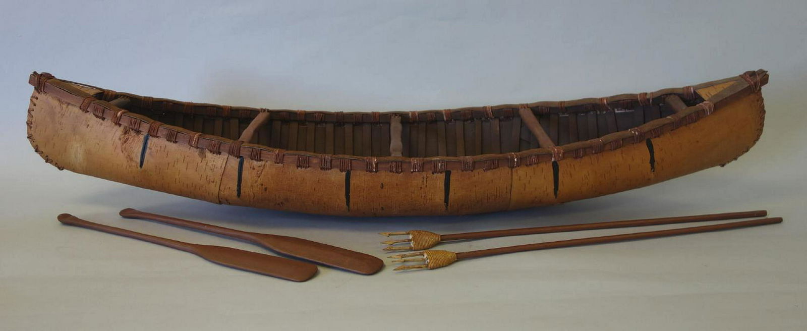 Antique Birch Bark Canoe Model, Paddles & Harpoon (1 of 4)