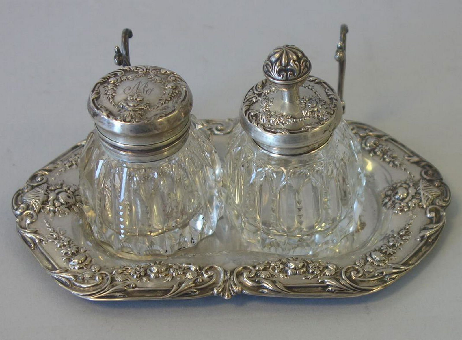 Sterling Inkstand & Crystal Inkwells, F & B (1 of 1)