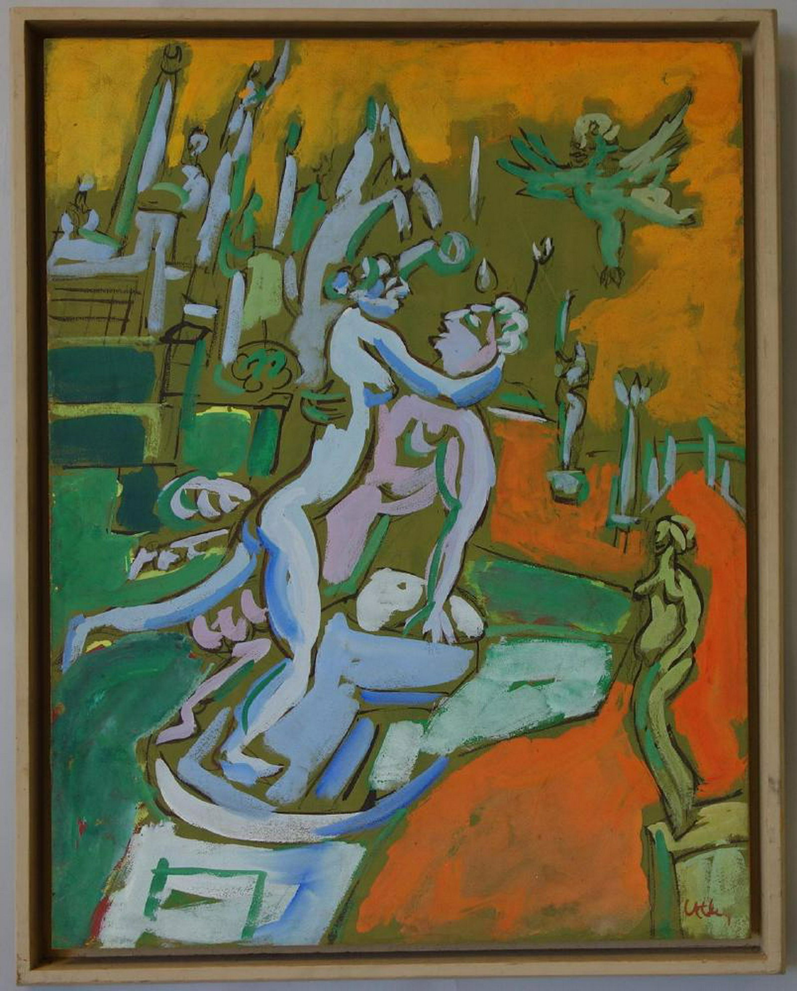 Windsor Utley (1920-1989, WA) Villa Garzoni: Windsor Utley (1920-1989, Washington). Framed casein tempera on masonite. From Utley's Italian Series / Villa Garzoni series, c.1970s. The painting depicts a nude male and female embracing within a vi