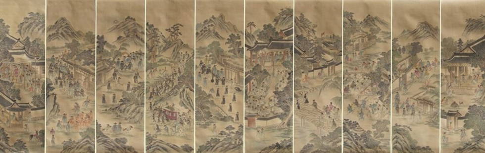 Fine Korean 10 Panel Screen, Scholar: A fine and rare Korean ten-panel screen, Korea. Painted using ink, watercolor and gouache colors on silk. The paintings depict selected events in a scholar's life. Each painting measures 45.5" x 14" a