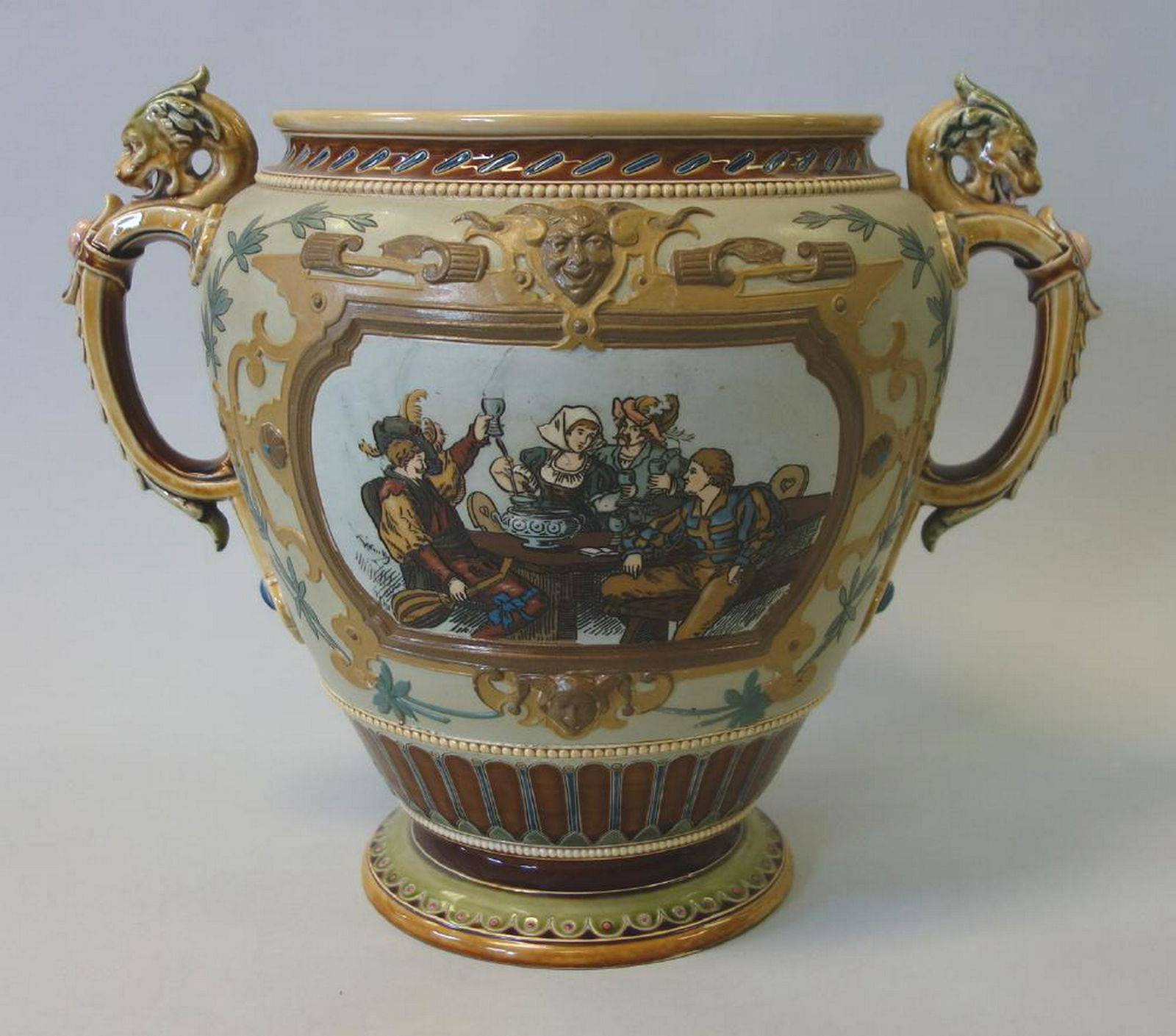 19thc Mettlach Ceramic Jardiniere, Dragon Handles (1 of 6)