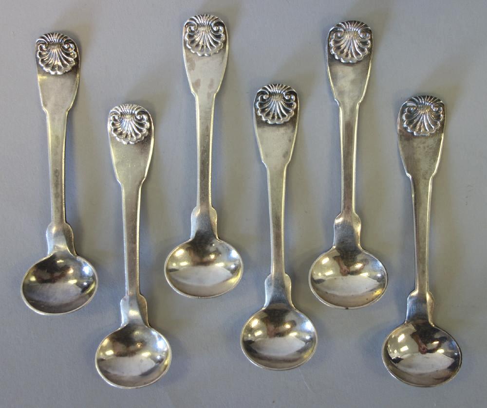 John Wesley Forbes, 6 Coin Silver Salt Spoons: An American set of six coin silver salt spoons by John Wesley Forbes (1781-1864) New York - active 1808-1838. Each stamped with the maker's mark, I.W.F. The six salt spoons with fiddle shell formed ha