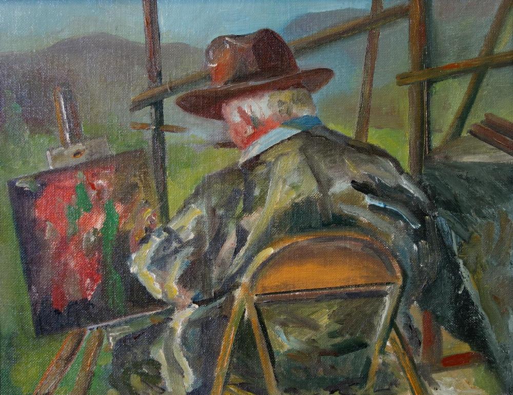 The Plein Air Artist, Oil on Canvas, Unsigned: Framed oil on canvas. Unsigned. The painting depicts a elderly male artist painting, En Plein Air. Measures 10.5" x 13.5". Framed 14.5" x 17.5".