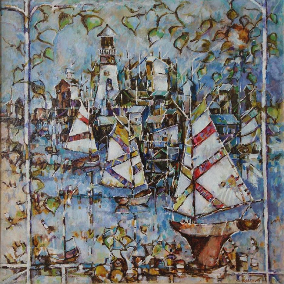 Robert L Davis (California 20thc) The Marina: Framed oil on canvas by Robert L. Davis, (Santa Barbara, California, 20th century). The painting is titled "The Marina" and dated 1989. Depicts sailboats and a lighthouse in a colorful harbor setting.
