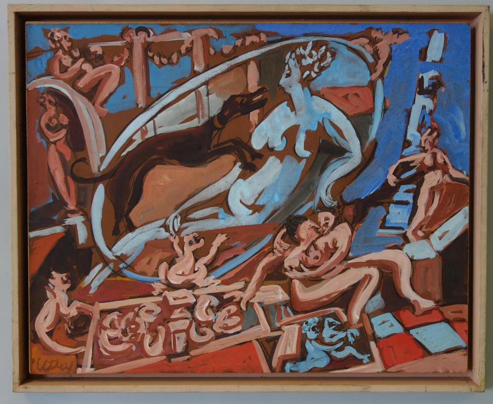 Windsor Utley (1920-1989, WA) Villa Garzoni: Windsor Utley (1920-1989, Washington). Framed casein tempera on masonite. From Utley's Italian Series / Villa Garzoni series, c.1970s. The painting depicts nude female and male figures embracing withi