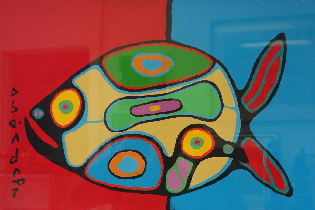 Norval Morrisseau (1932-2007) Fish, Acrylic: Framed acrylic on paper by Ojibwa / Chippewa shaman Norval Morrisseau (Norval "Copper Thunderbird" Morrisseau, 1932-2007). The painting depicts a large colorful fish. Artist signed in Cree syllabics "