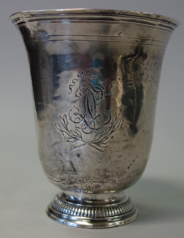 18th French Silver Wine Beaker Jean Baptiste Potot: An 18th century French silver wine cup beaker. Hallmarked for Jean-Baptiste Potot, Paris. Gadronned edge on flared foot. Engraved initial monogram within crest (of the period). See photos for hallmark