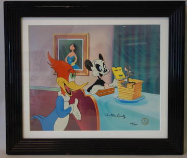 Walter Lantz, Woody Woodpecker & Andy Panda Cel: Framed limited edition serigraph cel - celluloid. Depicts Wood Woodpecker and Andy Panda with a mouse providing cheese. Hand-signed by Walter Lantz (1899-1994). Edition 105 / 200. With gold Walter Lan