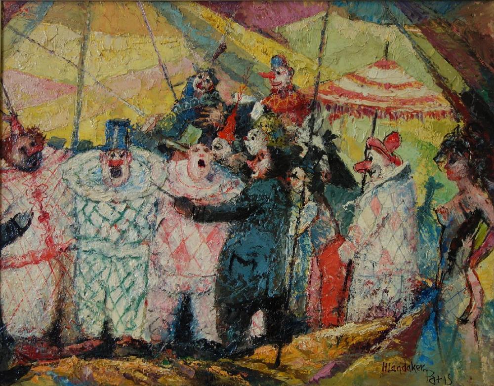 Harold Landaker (1892-1966) Festival of Clowns: Harold Charles Landaker (1892-1966, Illinois and California). Framed oil on masonite, the painting is titled on the verso "Festival of Clowns. Artist signed lower right and additionally signed on the