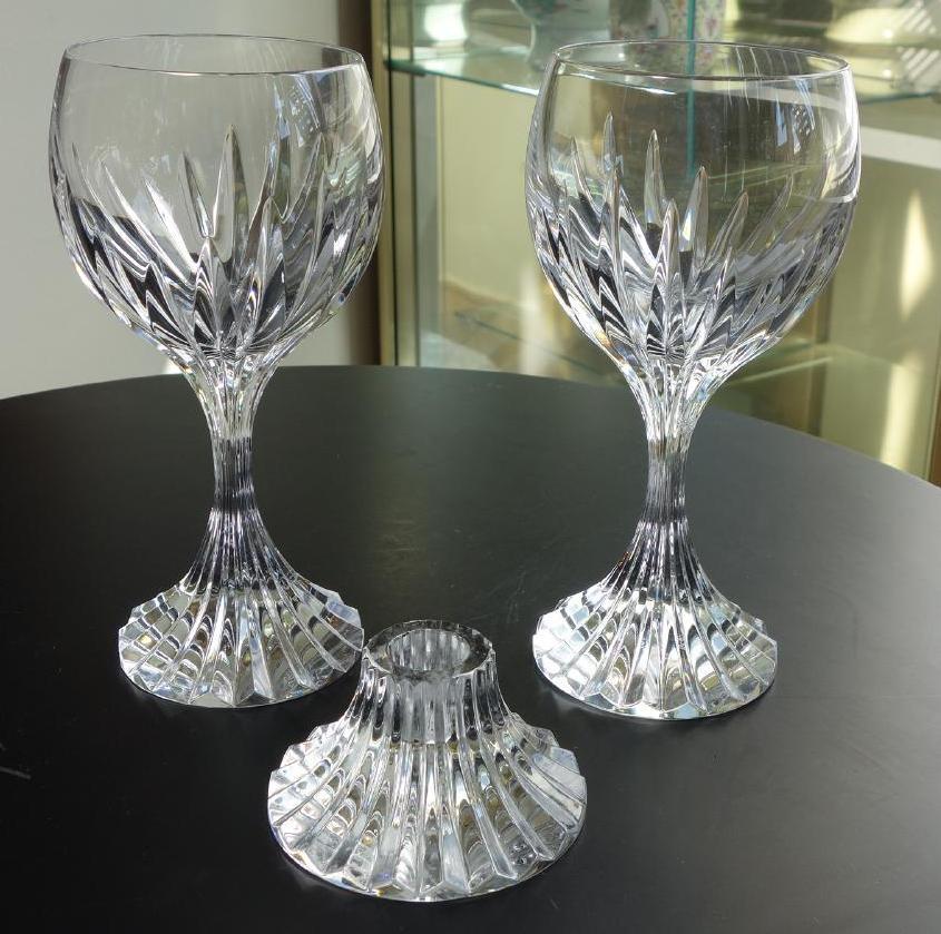 Baccarat Massena Wine Goblets & Candleholder: Baccarat crystal, comprised of a pair of French cut crystal wine / water goblets and a single candleholder, in the Massena pattern. The glasses measure 7-3/8" high, the candleholder of the same patter