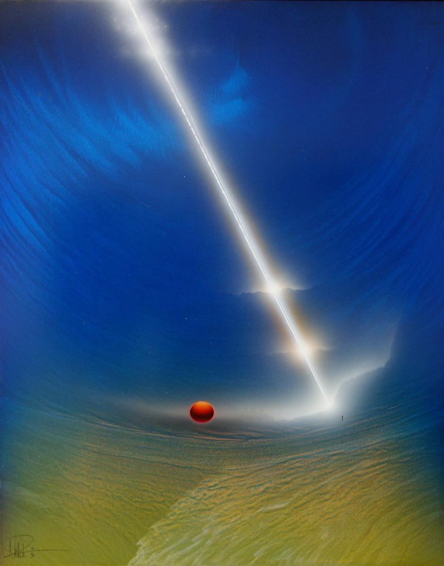 Andreas Nottebohm (b-1944) Surrealist Painting: Andreas Nottebohm (b-1944, California / Germany) acrylic on brushed aluminum. The Surrealist / abstract painting depicts a bolt of lightning and a floating ball within dreamlike imagery. Artist signed