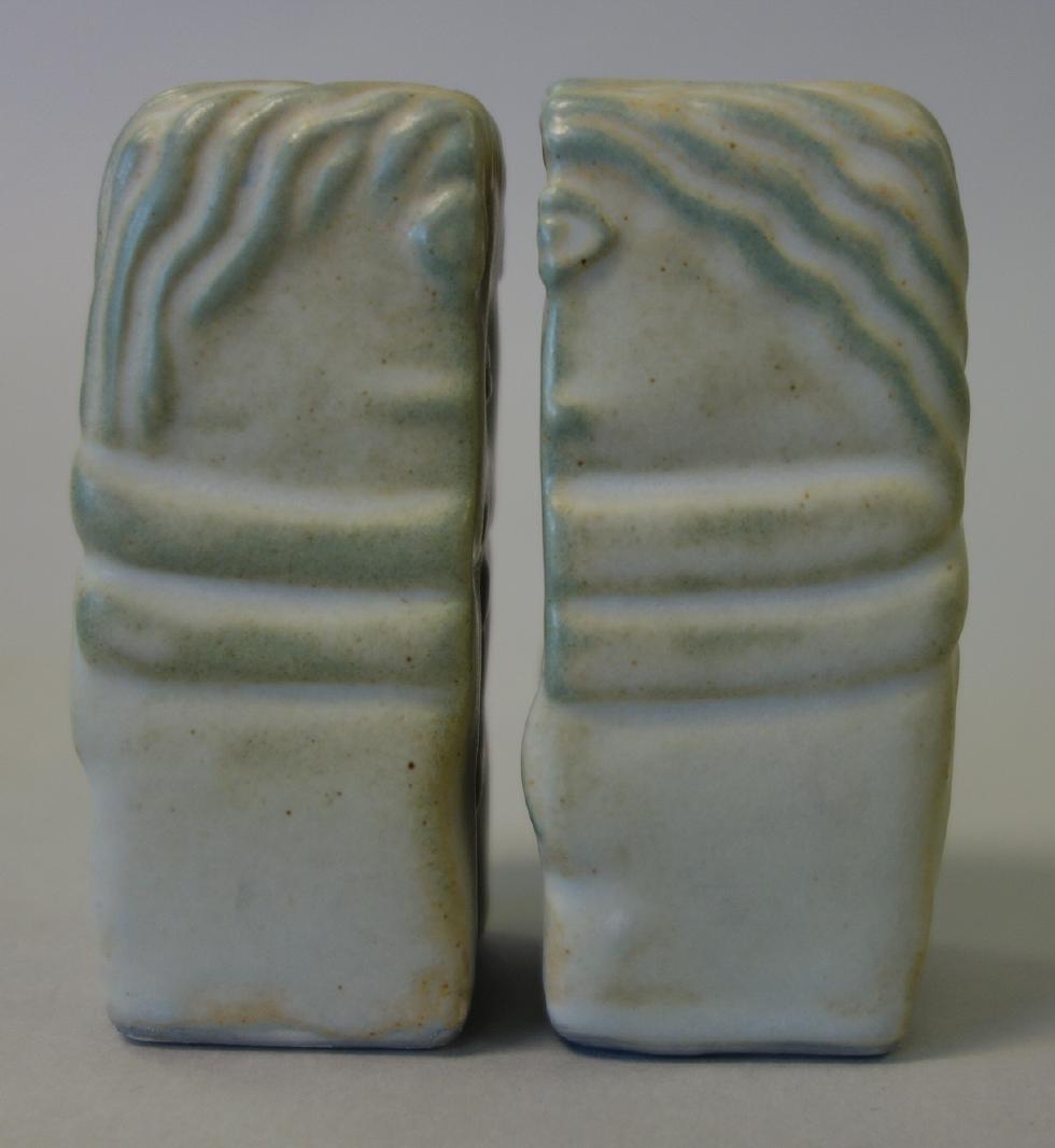 Constantin Brancusi The Kiss Ceramic Salt & Pepper: Constantin Brancusi (1876-1957) ceramic pottery salt and pepper shakers after the sculpture by Brancusi titled "The Kiss" The nude male and female formed shakers are anatomically molded and each measu