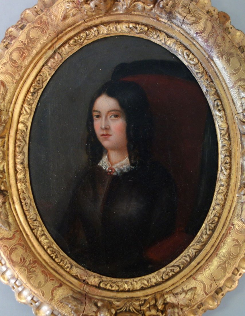 19thc French Portrait Miniature of Amelie Goubert: A fine 19th century French miniature portrait of a young girl. The oil painting on cardboard is identified on the reverse as Amelie Goubert, and with additional writing and information in French. The 