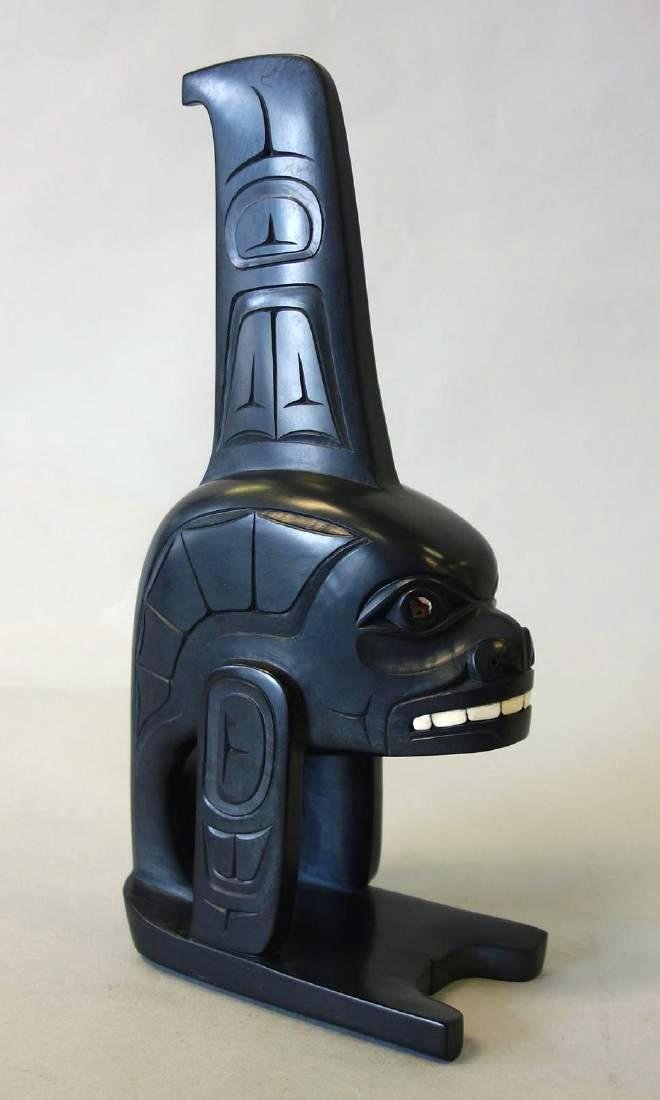 Glen Pollard, Argillite Sculpture, Killer Whale: Glen Pollard (b-1957, Skidegate, Haida Gwaii. Fine and large carved argillite sculpture "Killer Whale", bone teeth, abalone shell inlaid eyes. The underside artist signed with title, Haida, Killer Wha