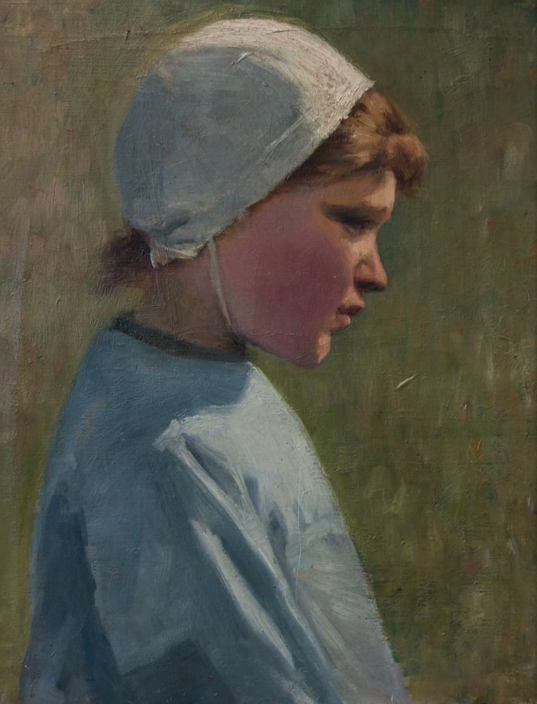 19thc Oil on Canvas, Portrait of a Dutch Girl: Framed 19thc oil on canvas. The painting depicts a side portrait of a young Dutch girl. Unsigned. Measures 16.25" x 12-7/8". Framed, 24" x 20-3/8" x 2" deep.CONDITION NOTE: some craquelure at the top 