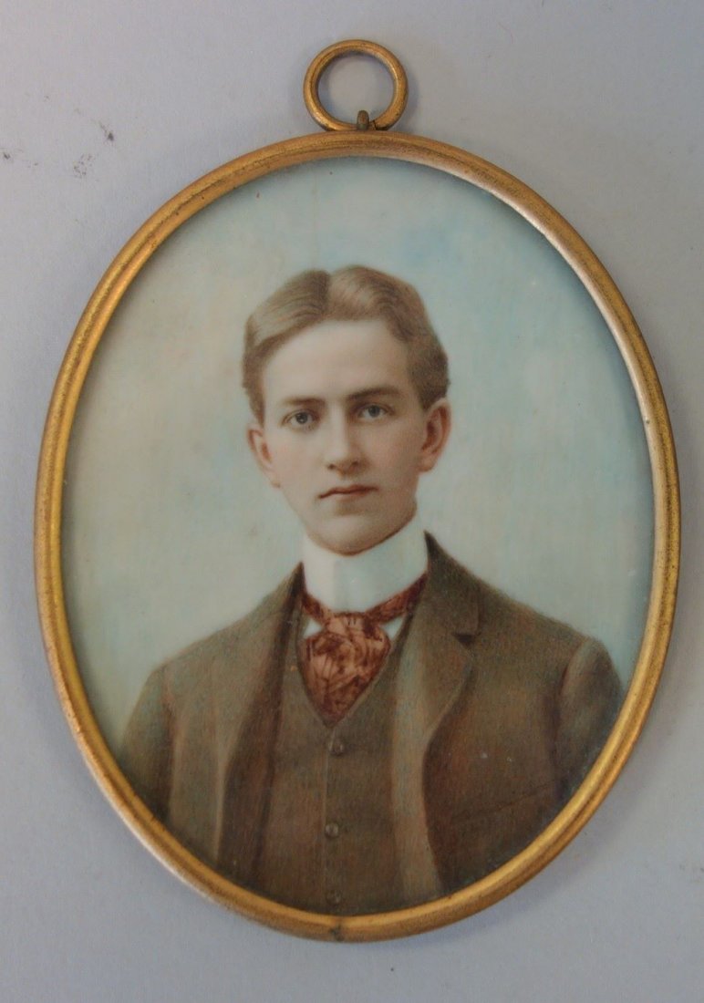19thc Portrait Miniature of a Young Man: A 19thc American School miniature portrait of a young man, c.1880s. The watercolor and gouache painting depicts a handsome young man dressed in formal attire. Unsigned. Measures 3.5" x 2.75". Housed i