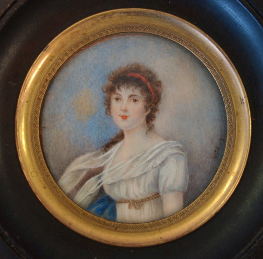 19thc French Portrait Miniature, Signed: A 19thc French miniature portrait of a young woman. The watercolor and gouache portrait painting depicts a lovely young woman wearing a white gown with an empire waist. Artist signed indistinctly. Mea