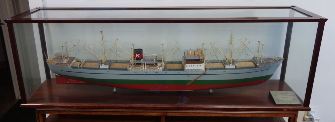 Cased Ship Model MS Francisville, Oslo Norway: A vintage cased ship model of the MS Francisville, Oslo, Norway. The motor ship was built by Framnaes Mek Verksted, Sandefjord, Norway. This finely detailed model measuring approximately 55" long, 13"