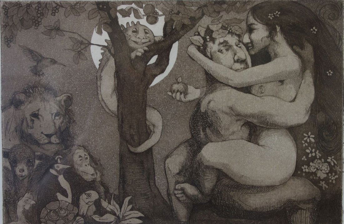 Charles Bragg (1931-2017) The Eighth Day, A/P: Charles Bragg (1931-2017 California). Artist Proof etching II. Titled "The Eighth Day". Humorously depicts Adam and Eve in the Garden of Eden cavorting while the animal kingdom watches. Artist signed