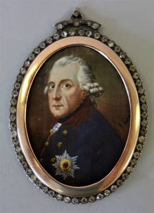 Portrait Miniature Frederick the Great after Graff: A 19th century portrait miniature after Anton Graff (1736-1813). The fine miniature painting depicts Frederick the Great, King of Prussia (signed A. Graff in homage). The oval portrait measures 2.25"