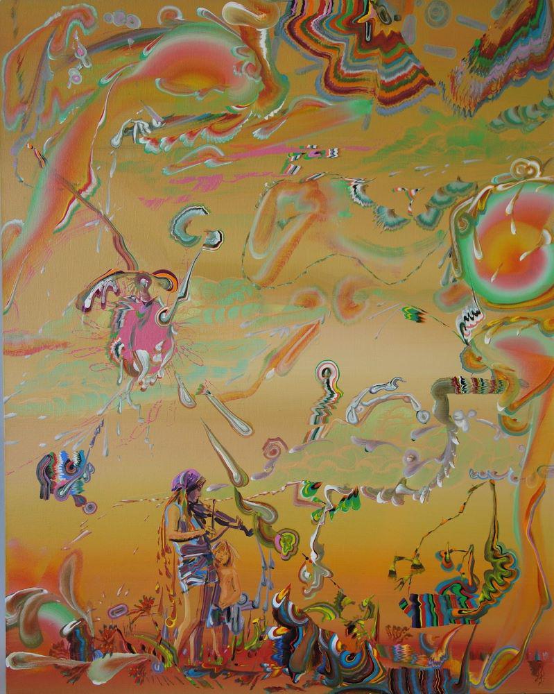 Gegam Kacherian (20th/21c) Violin Forest: Gegam Kacherian (20th / 21st century, Armenia). Acrylic on canvas. The painting is titled "Violin Forest" / Violine Forest, artist singed on the verso and dated 2007. The painting depicts a female vio