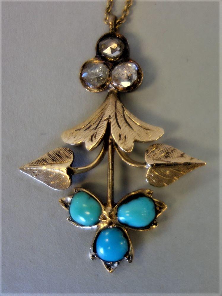 14K Gold Diamond & Turquoise Pendant + 9K Chain (1 of 2)