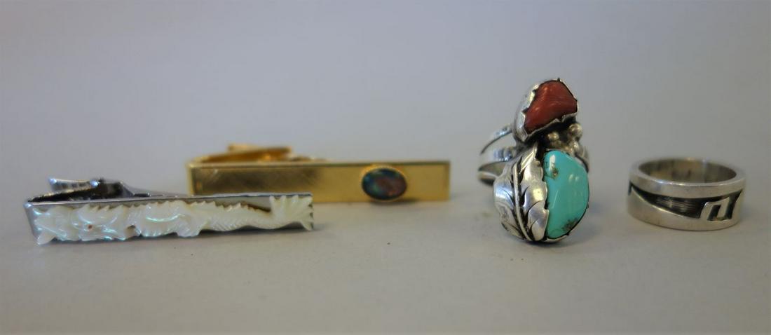 2 Navajo Rings & 2 Tie Bars Turquoise, Opal, MOP +: Two Navajo rings and two tie bars. Comprised of a silver Navajo ring set with turquoise and coral, ring size 6.75. Together with a silver band with a Native American motif, ring size 3.5. Indistinct c