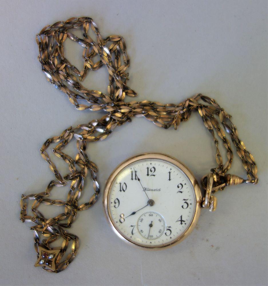 Ladies Illinois Watch Co Pocket Watch & Fob Chain (1 of 1)