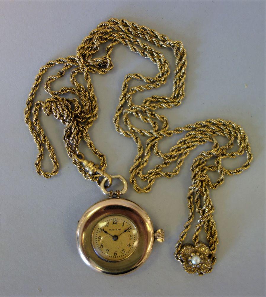 Ladies Waltham Pocket Watch & Fob Chain With Slide (1 of 1)