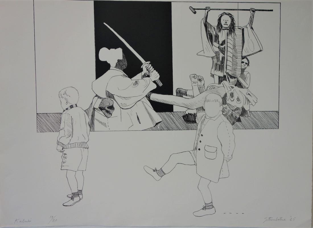 James Strombotne, Kabuki, Tamarind, 1965: James Strombotne (b-1934). Lithograph, edition 19 / 20. Titled "Kabuki". Artist signed lower right and dated 65 (1965). Titled lower left. On Rives BFK paper, blind stamp of Tamarind Lithography Works