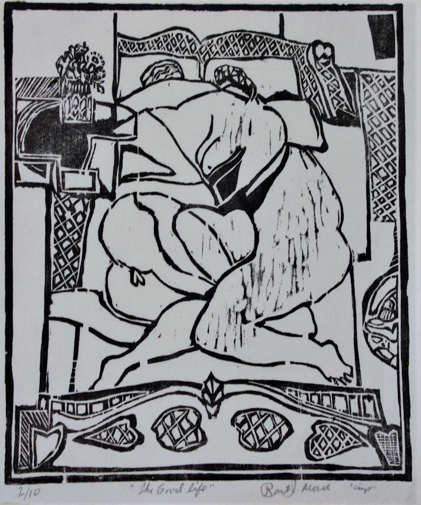 Bart J Morse (1938-2010) The Good Life: Bart J. Morse (1938-2010, Oregon and Washington). Etching titled, "The Good Life", depicts a nude male and female embracing on a bed. Artist signed in pencil, titled, edition 2 / 10. The image measure