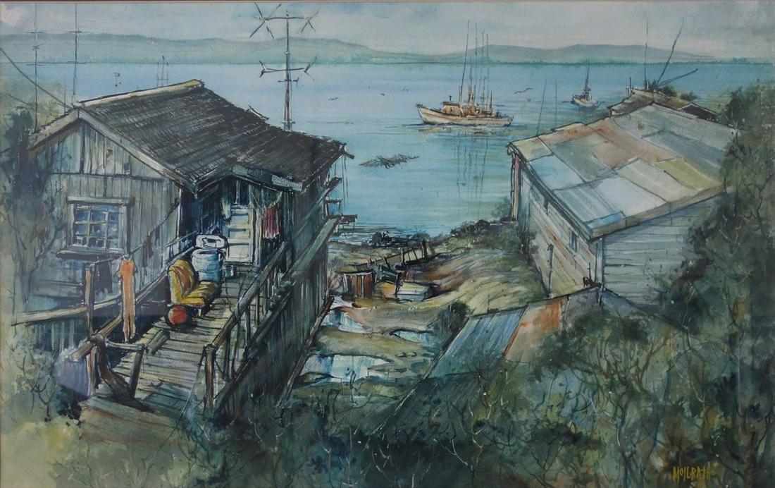 Stanley McIlrath (1929-2009) California Bay Cabin: Stanley Howard McILrath (1929-2009, California and Ohio). Framed watercolor and gouache. The painting depicts cabins overlooking the bay dotted with boats. Artist signed lower right. Sight measurement