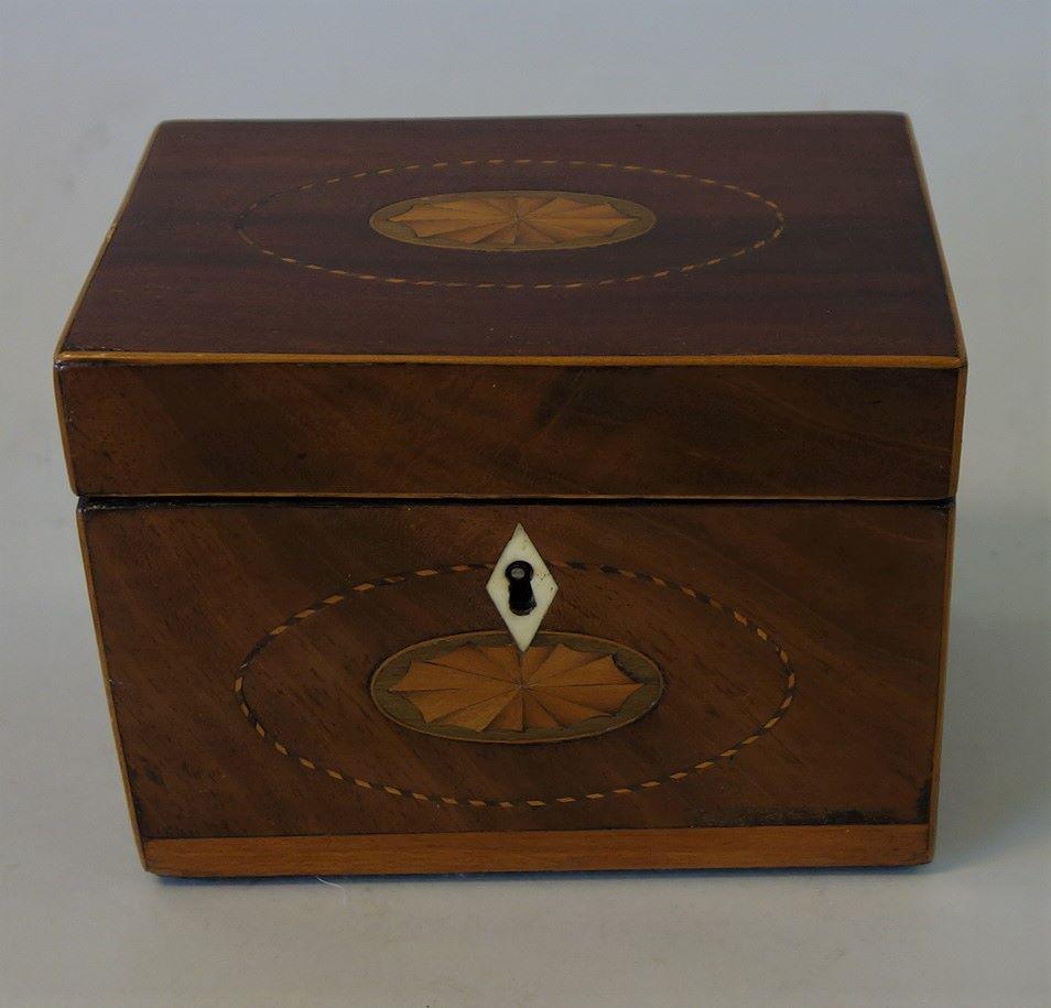 19thc English Mahogany Tea Caddy, Pinwheel Inlay (1 of 4)