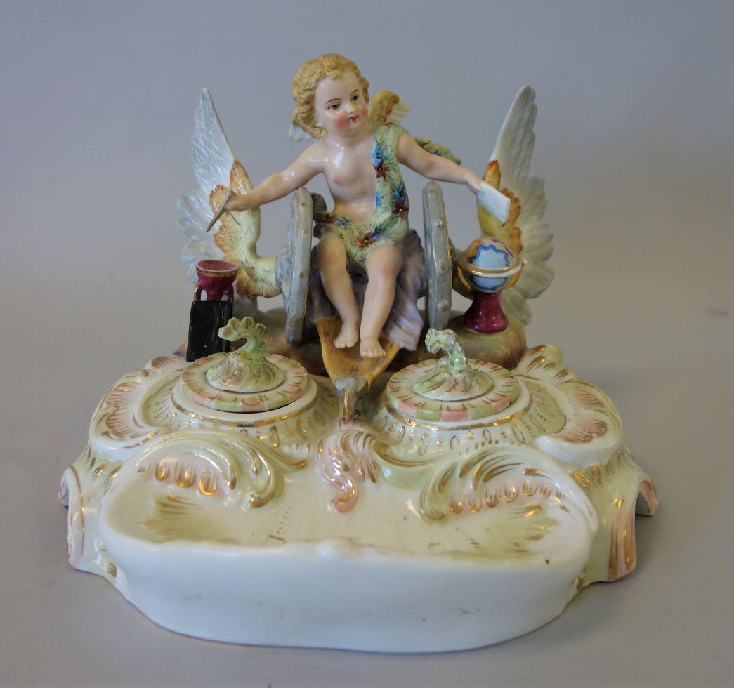 German Porcelain Cherub Figural Inkstand, Inkwells (1 of 4)