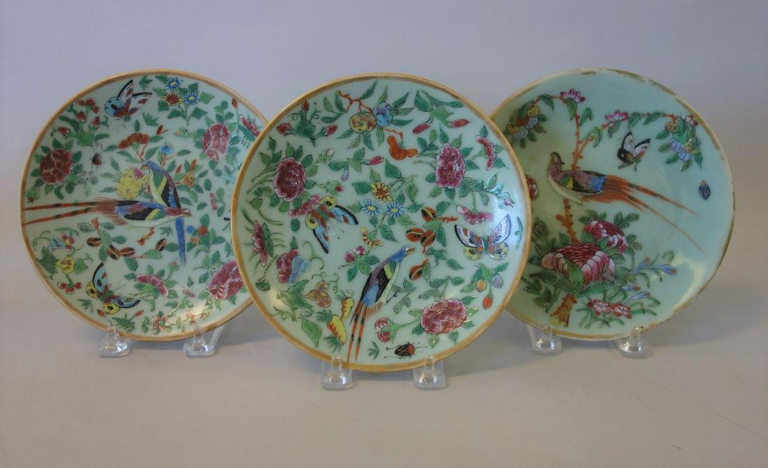 3 Chinese Celadon & Famille Rose Plates, 19thc (1 of 3)