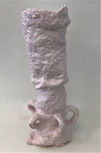 Beverly Semmes, Pink Pot #12, Glazed Terracotta: Beverly Semmes (b-1958, New York). Glazed terracotta sculpture / sculptural freeform vase (open bottom) with lower loop handles, "Pink Pot #12, c.1996. Faintly signed on the underside. Measures 26" hi