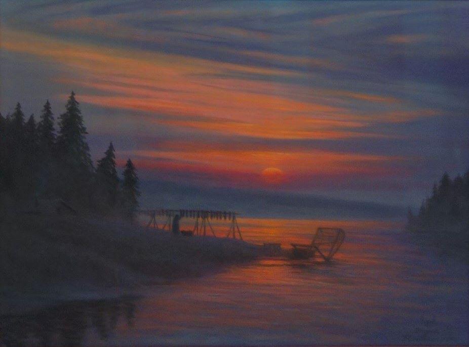 Frank Rademacher (20thc Alaska) Sunset Way of Life: Frank A. Rademacher (20thc. Alaska). Framed pastel on paper. Titled on the reverse: "Sunset, or A Way of Life". The painting depicts an exceptional sunset with a Native American Inuit figure beside a 