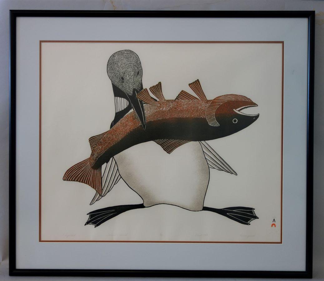 Kananginak Pootoogook, A Big Catch, 1988: Kananginak Pootoogook (Cape Dorset, Nunavut / Canada 1935-2010, Inuit sculptor and printmaker). Stonecut and stencil, titled "A Big Catch", edition 8 / 50, Dorset 1988. Artist signed in pencil lower r