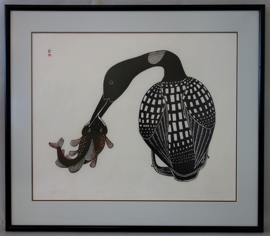 Kananginak Pootoogook, Caught by the Loon, 1985: Kananginak Pootoogook (Cape Dorset, Nunavut / Canada 1935-2010, Inuit sculptor and printmaker). Stonecut titled "Caught by the Loon", edition 14 / 50, Dorset 1985. Artist signed in pencil lower right.