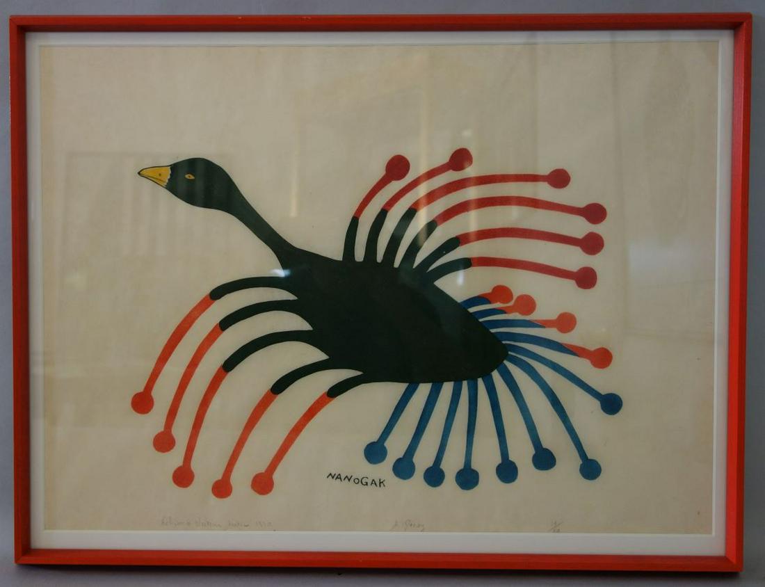 Agnes Nanogak (1925-2001) A Decoy, 1970: Agnes Nanogak (Canada 1925-2001, Inuit printmaker). Stonecut titled "A Decoy", edition 19 / 50, Eskimo Western Arctic, 1970. Artist signed. Embossed with the Holman ulu symbol. Sheet sight measurement