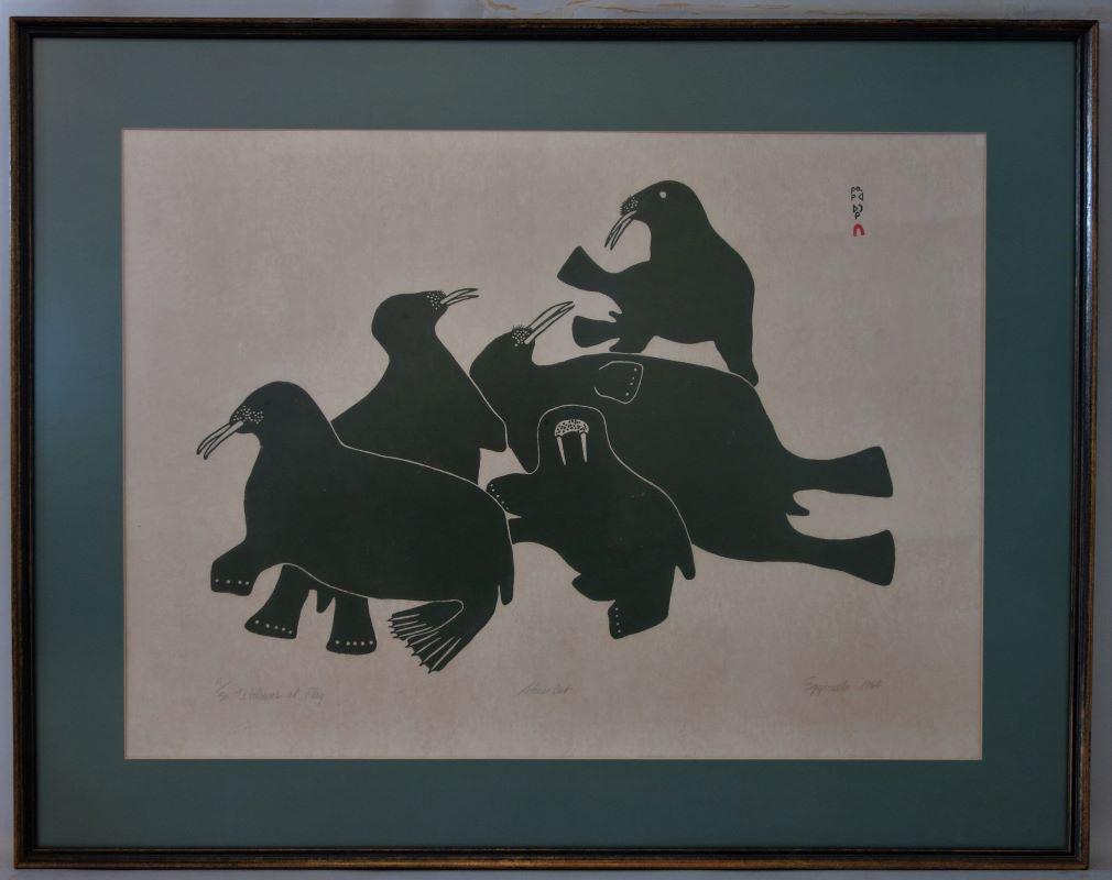 Egyvudlo Potee, Walruses at Play, Stone Cut 1964: Egyvudlo Potee (20th century printmaker). Stonecut in colors titled "Walruses at Play" (Walrus at Play). Edition 17 / 50. Artist signed Egyvudlo in pencil lower right and dated 1964. Sheet sight measu