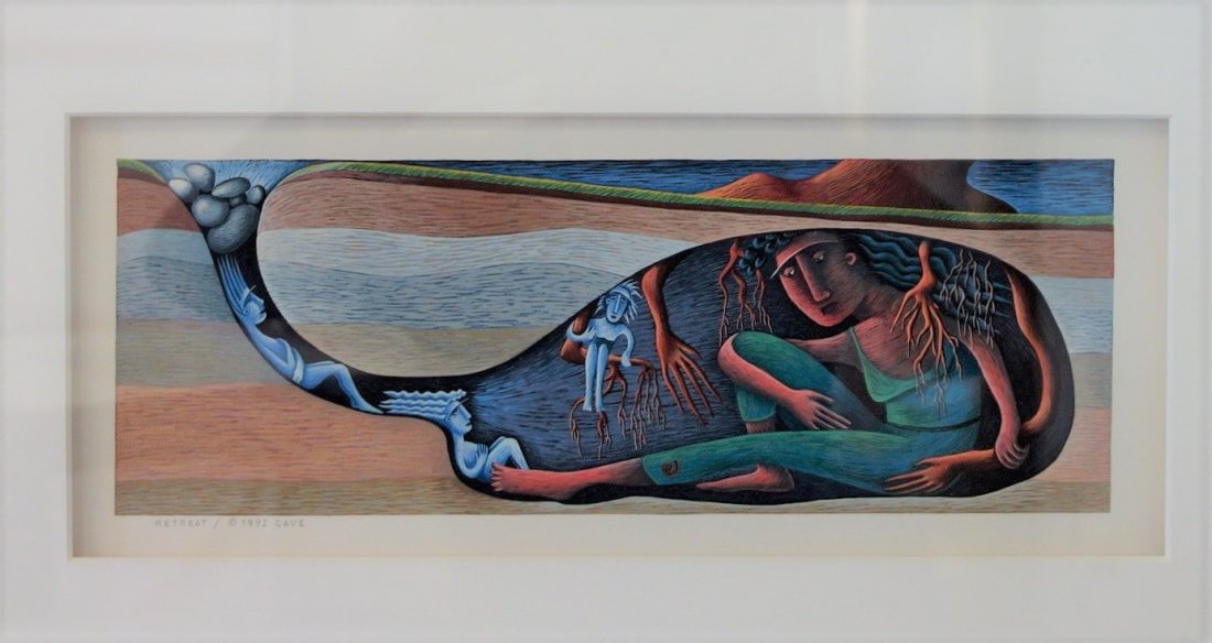 Claudia Cave (b-1951) Retreat, 1992: Framed gouache on paper by Pacific Northwest artist Claudia Lee Cave (b-1951, Oregon). The colorful and vibrant painting depicts figures relaxing / hiding beneath the earth and under a tree. Artist si