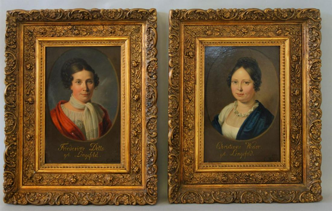 Christian Karl Kehrer, Lengefeld Family Portraits: Christian Wilhelm Karl Kehrer (1770-1869, Germany). A pair of family portrait paintings, oil on board. The portraits depict two female (sisters) members of the Lengefeld family, Friederiche Detto, geb