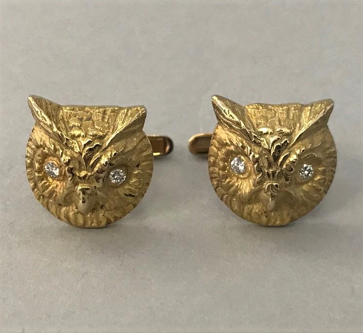 14K Gold & Diamond Owl Cufflinks (1 of 1)