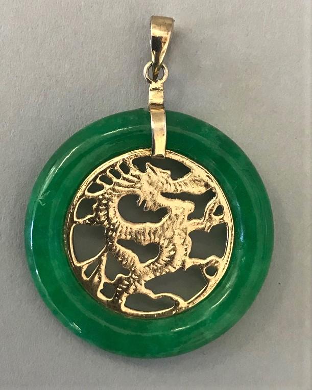 Chinese Apple Green Jade & 14K Gold Dragon Pendant (1 of 1)
