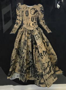 Lesley Dill (b-1950) Poem Wedding Dress, Sculpture: Lesley Dill (b-1950, resides Brooklyn, New York). Poem Wedding Dress / dimensional sculpture. Titled: "Clothe My Naked Body", Print Tapestries. Photo serigraph on Hindi newspaper sewn to cotton percal