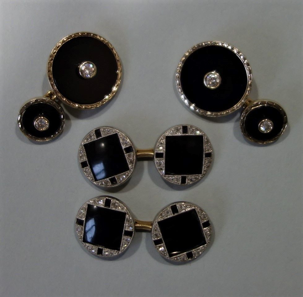 2-Pair Diamond & Onyx 18K & 14K Gold Cufflinks (1 of 1)