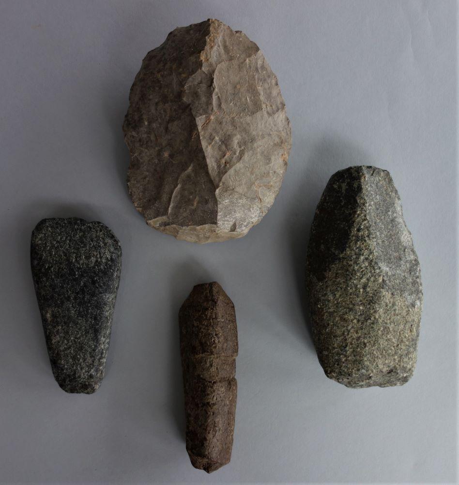 4 Carved Stone Tools, Axe Head, Grinding Tool + (1 of 1)