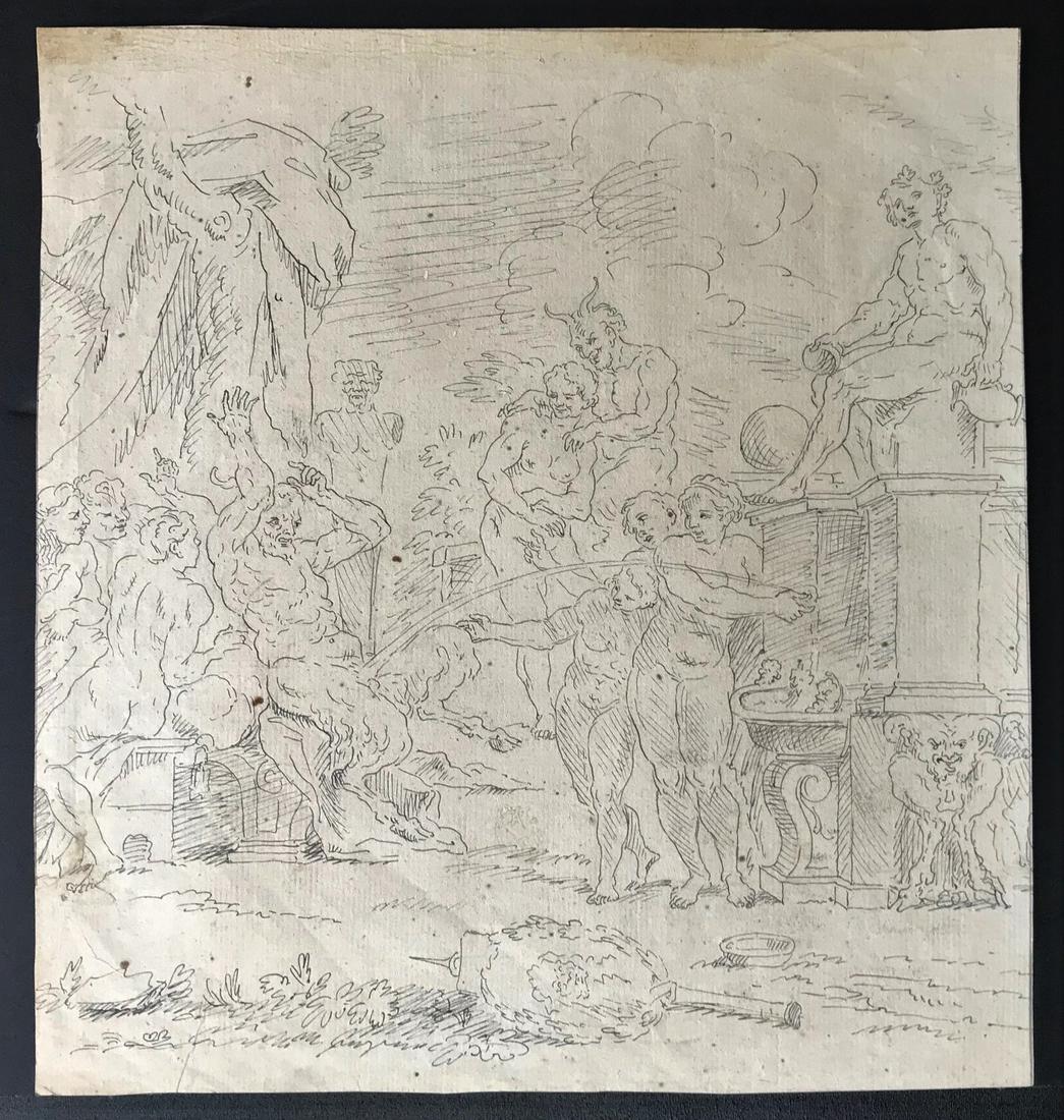 Nicolas Poussin (Manner of) Dbl-Sided Drawing: An antique double-sided ink drawing on cream laid paper, depicting Bacchanalian scenes. Manner of / Follower of Nicolas Poussin (1594-1665). One side depicts nude females and nude male satyrs and faun
